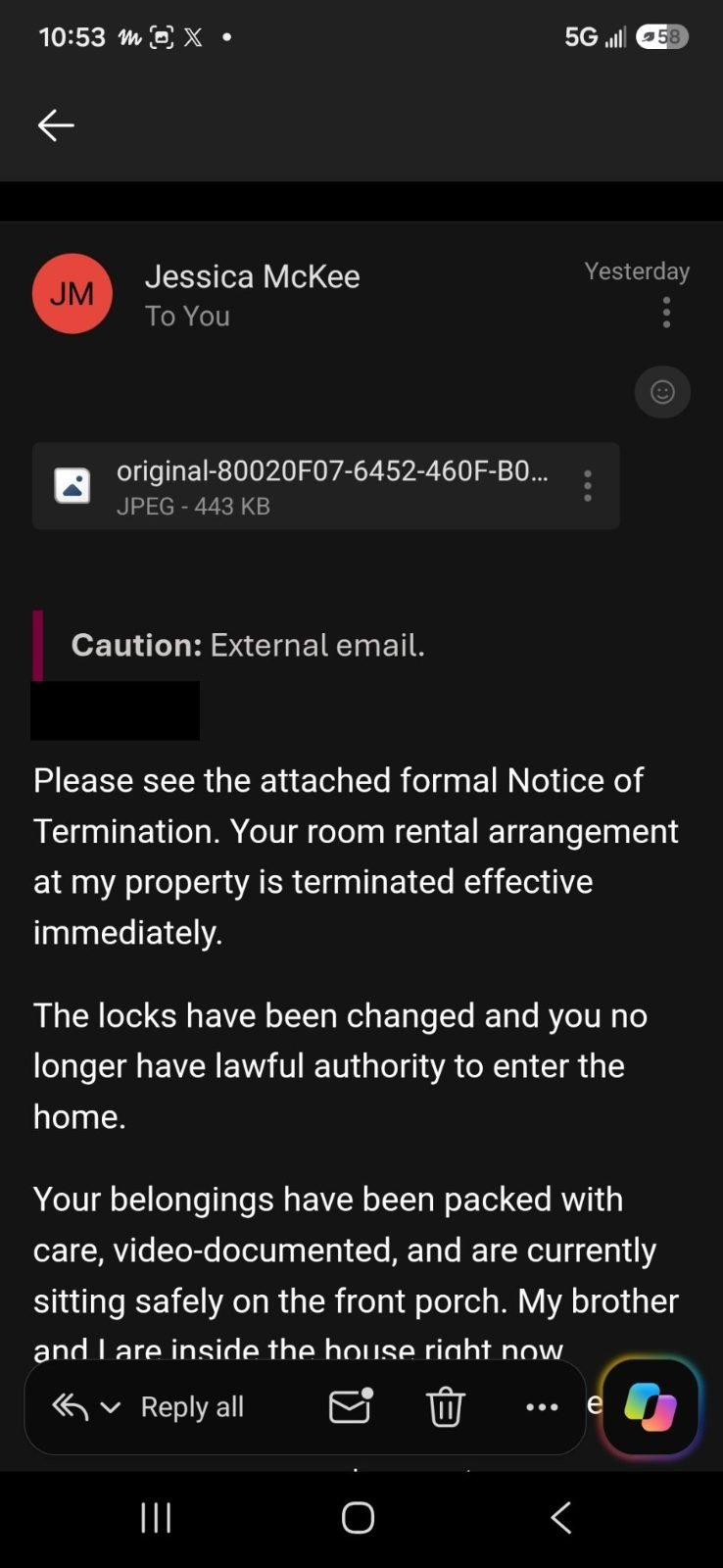 Termination email, top half